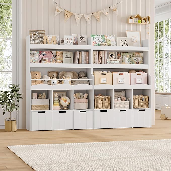 HITHOS 55.3" H Kids Bookshelf with Toy Storage Organizer, Tall Book Shelf with 3 Movable Toy Storage Bins, Large Kids Bookcase with Toy Chest, 39.2" W Modern Toy Box for Kid Room, Playroom, White-Ruum Studio Home