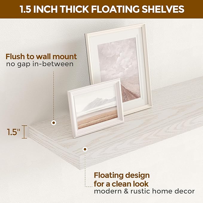 Floating Shelves 55 Inch Long, 55"W x 9"D Wall Shelf Invisible Bracket, 9 Inch Deep Floating Shelf for Wall, Rustic Wooden Shelves for Living Room, Kitchem, Bedroom, Brich Color, Set of 1-Ruum Studio Home