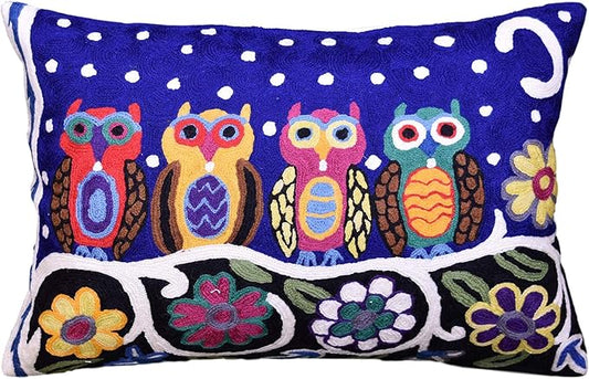 Lumbar Four Owls Decorative Pillow Cover Blue Whimsical Hand Embroidered Wool 14x20-Ruum Studio Home
