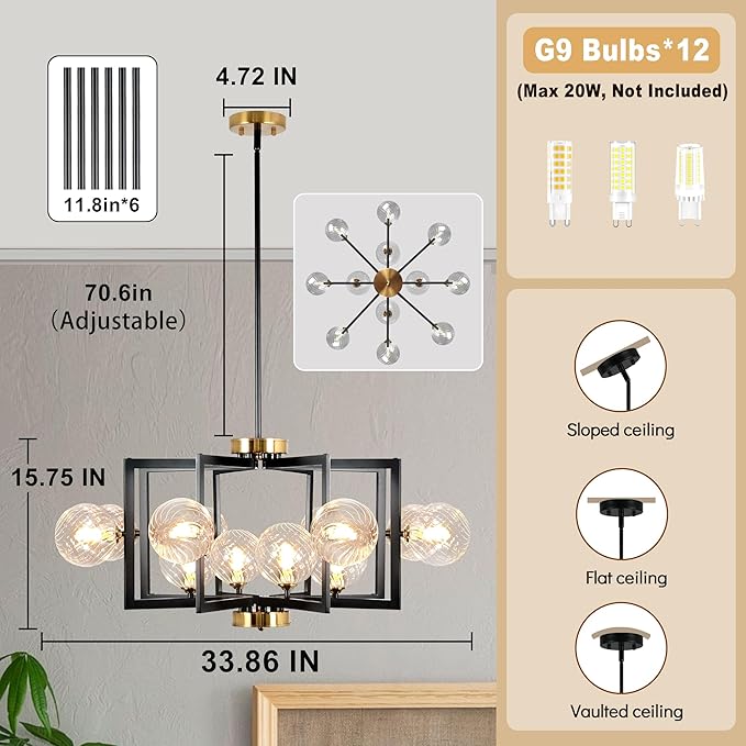 12 Light Black Farmhouse Chandelier Geometric Metal Dining Room Light Fixture Height Adjustable Black Chandeliers for Dining Room Clear Glass Farmhouse Industrial Pendant Lights for Bedroom, Entryway-Ruum Studio Home