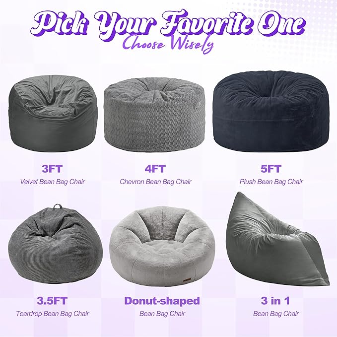 Hobestluk 3 in 1 Bean Bag Chair Giant Bean Bag Chairs for Adults with Velvet Cover Convertible Bean Bag Floor Cushion with Machine Washable Cover for Living Room (Velvet Grey)-Ruum Studio Home
