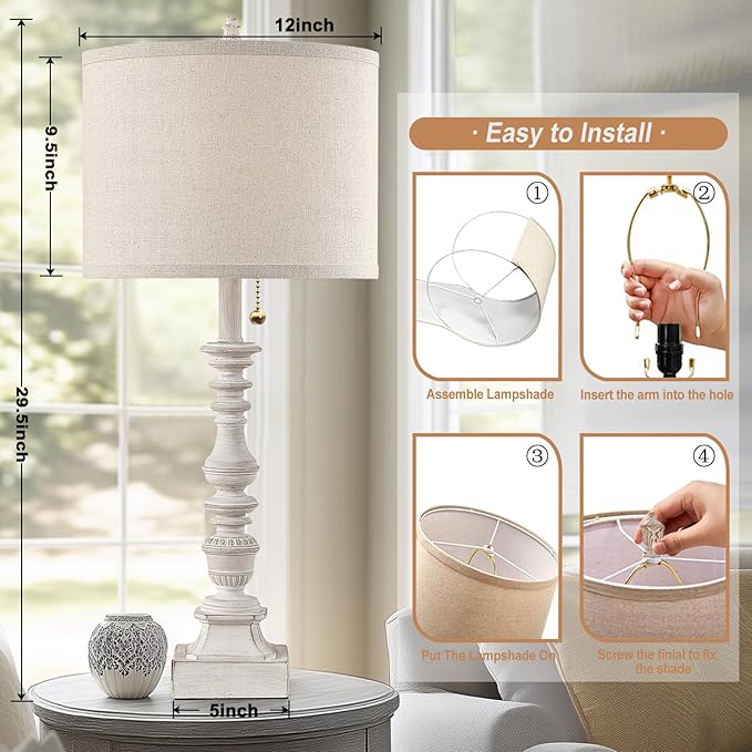 Farmhouse Table Lamps for Bedroom Set of 2, 29.5" Tall Rustic Bedside Lamp with USB Ports and AC Outlet, Vintage Nightstand Table Lamp for Living Room with Linen Drum Shade, White, Pull Chain-Ruum Studio Home