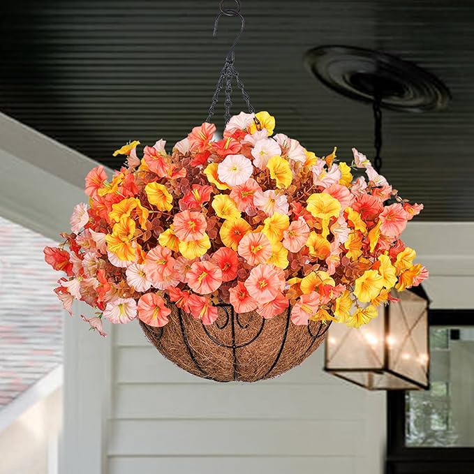 Artificial Fall Flowers Fake Hanging Plants Flowers Basket for Outdoors Autumn Decoration, Silk Morning Glory with Eucalyptus Look Real UV Resistant Faux Flowers for Outside Porch Patio Balcony, Mix-Ruum Studio Home
