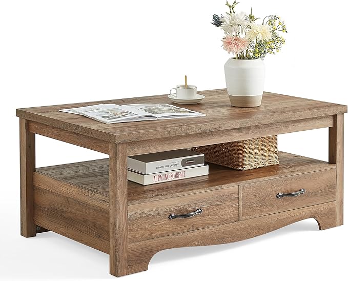 LINSY HOME Farmhouse Coffee Table with Storage, Wood Coffee Table for Living Room, Open Display Area and Storage Drawers with Metal Handles, Chic Style with Curved Base, Brown-Ruum Studio Home