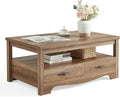 LINSY HOME Farmhouse Coffee Table with Storage, Wood Coffee Table for Living Room, Open Display Area and Storage Drawers with Metal Handles, Chic Style with Curved Base, Brown-Ruum Studio Home