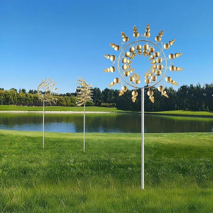 Unique and Magical Metal Windmill, 2Pcs Wind Spinners, 3D Wind Powered Kinetic Sculpture, Stainless Steel Wind Spinners, Wind Mill for Yard and Garden (2PCS-Golden)-Ruum Studio Home