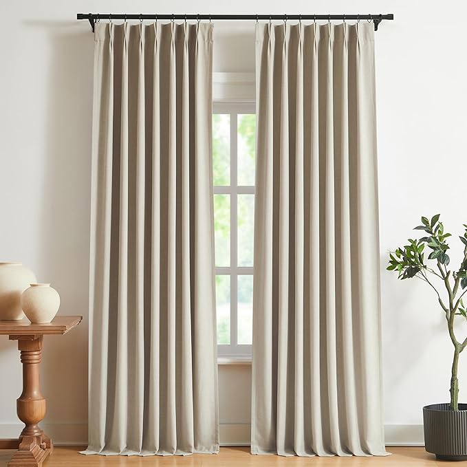 Vision Home Sand Pinch Pleated Full Blackout Curtains Linen Blended Room Darkening Window Curtains 95 inch for Living Room Bedroom Thermal Insulated Pinch Pleat Drapes with Hooks 2 Panel 40" Wx95 L-Ruum Studio Home