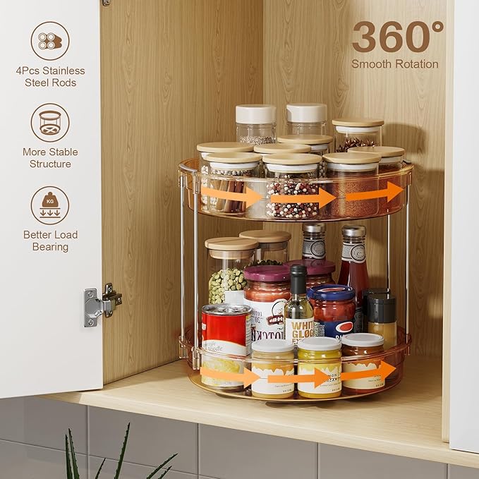 LAMU 2 Pack 2 Tier Lazy Susan Turntable Organizer 12'' Rotating Spice Rack Organization for Cabinet, Kitchen, Pantry, Countertop, Bathroom, Vanity, Medicine Cabinet Organizer, Amber-Ruum Studio Home
