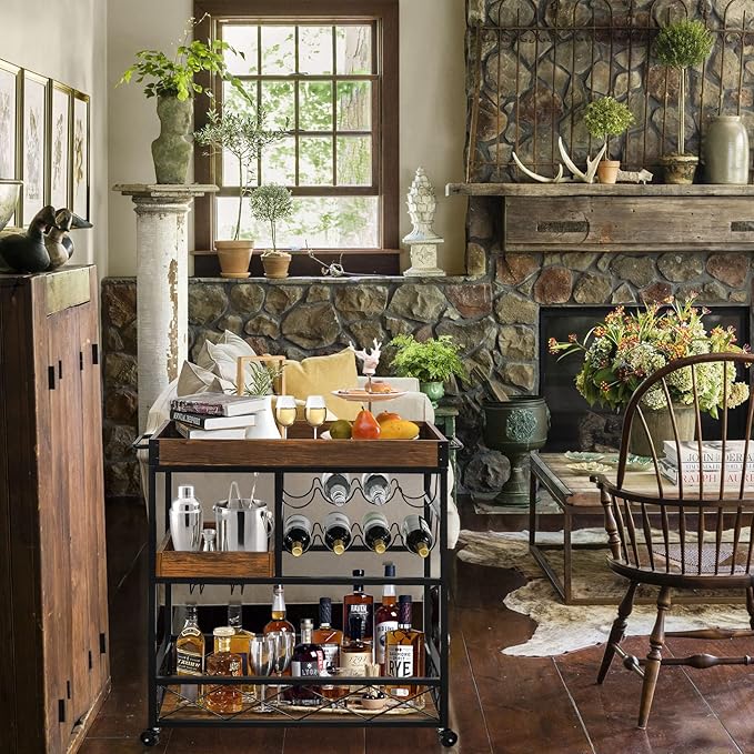 Bar Cart Industrial Kitchen Serving Carts for Home 3 Tier Storage Trolley with Wine Rack Glasses Holder Two Portable Trays Universal Casters with Brakes Rustic Rolling Cart Alcoholic Beverage-Ruum Studio Home