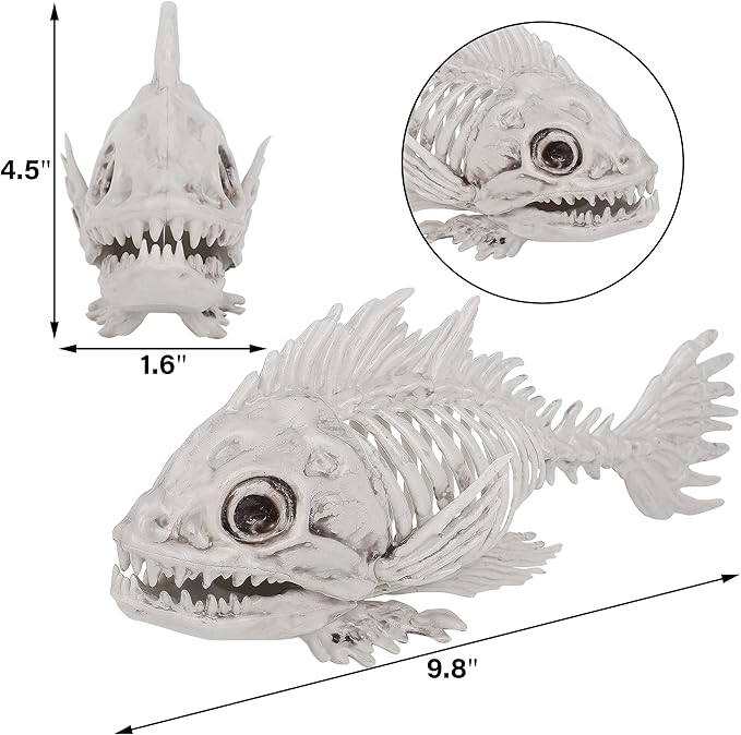 DR.DUDU 3 Pack Skeleton Fish Halloween Decor, Animals Skeleton Decorations Plastic Skull Fish Bones Figure Decor for Outdoor Indoor Bedroom Tank Party Props