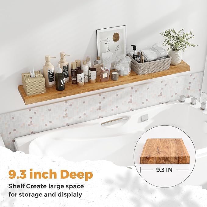 RICHFOCUS Live Edge Elm Floating Shelves - 55" W x 9.3" D Rustic Solid Wood Wall Shelves with Invisible Bracket, Wall-Mounted for Living Room, Bedroom, Kitchen Storage & Display, Set of 1, Natural-Ruum Studio Home