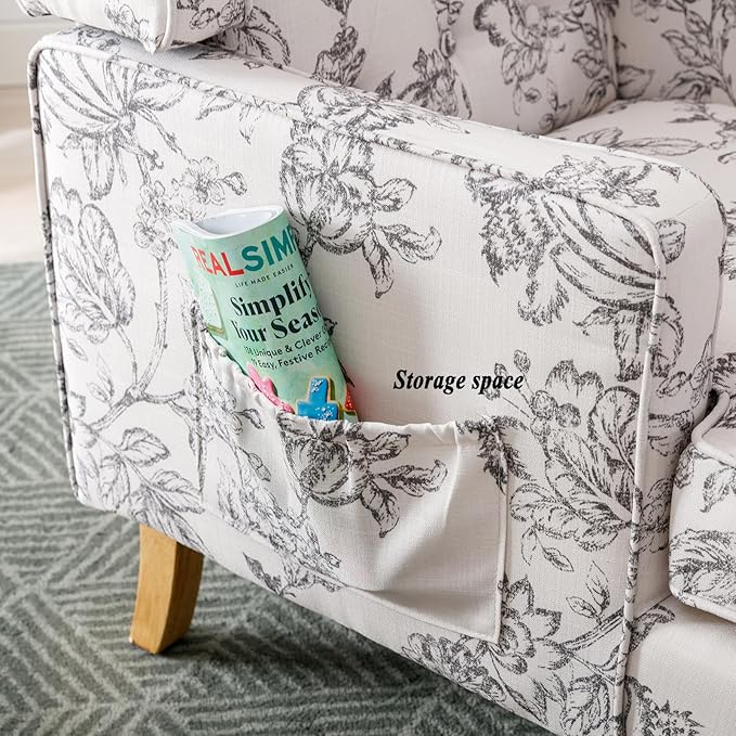 DUOMAY Tufted Accent Chair, Modern Linen Upholstered Wingback Side Arm Chair for Living Room Bedroom with Wood Legs, Comfy Reading Guest Chair for Office, Beige Flower Pattern-Ruum Studio Home