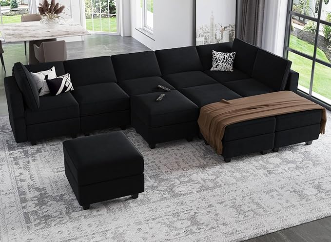 Belffin Storage Ottoman Module for Modular Sectional Sofa Square Seat Cube Velvet Foot Stool Black-Ruum Studio Home
