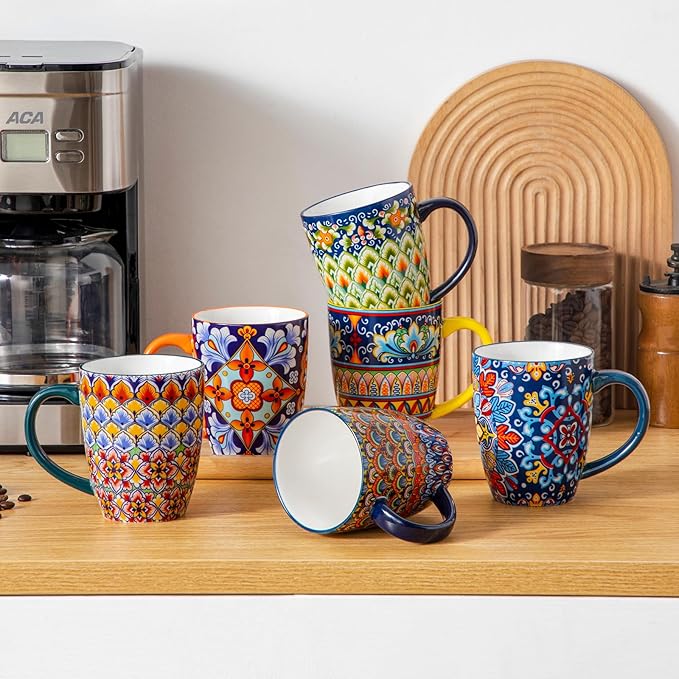 vancasso 16 oz Coffee Mugs Set of 6, Large Ceramic Mug with Handle, Boho Coffee Cups for Latte, Cappuccino & Hot Chocolate, Dishwasher & Microwave Safe Gift Set, Series SIMI-Ruum Studio Home