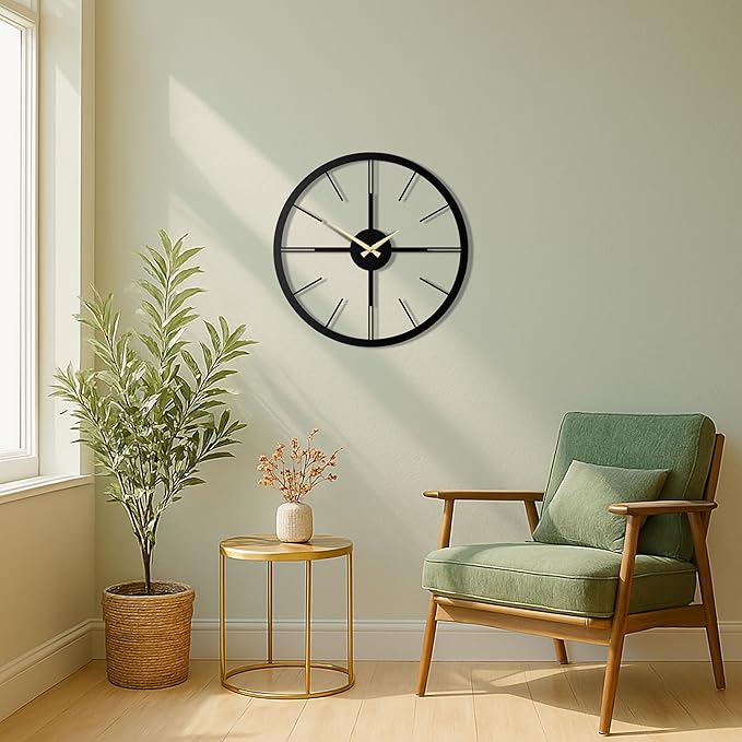 pluviart Rain Minimalist Metal Wall Clock, Modern Black Metal Wall Clock, Silent Non-Ticking Decorative Clock for Living Room, Kitchen, Office, Industrial-Style Wall Decor, Easy to Hang (19,3")-Ruum Studio Home