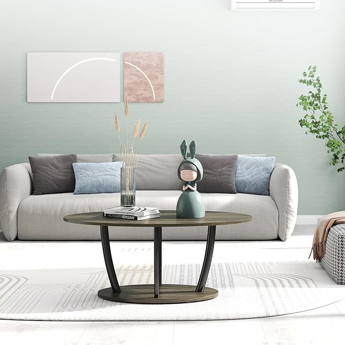 Manora Small Oval Coffee Table with Storage, Rustic Farmhouse Industrial Center Table for Living Room, VintageTea Table for Small Spaces, Gray-Ruum Studio Home