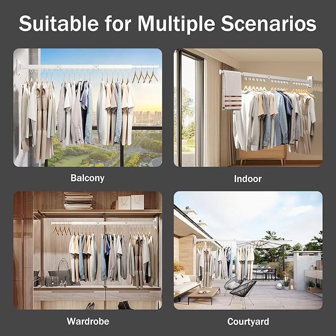 Wall Mounted Clothes Drying Rack, Retractable Laundry Rack for Hanging Clothes, Collapsible, Foldable, White-Rings-Ruum Studio Home