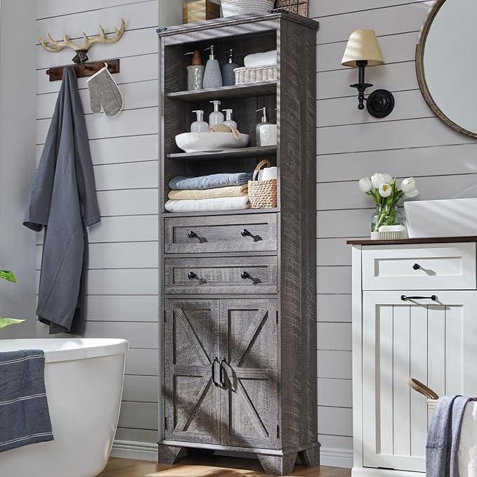 Bathroom Storage Cabinet, 72" Tall Farmhouse Storage Cabinet with 2 Drawers, Adjustable Shelves & Barn Door, Cabinet for Bathroom, Living Room, Kitchen, Grey Wash-Ruum Studio Home