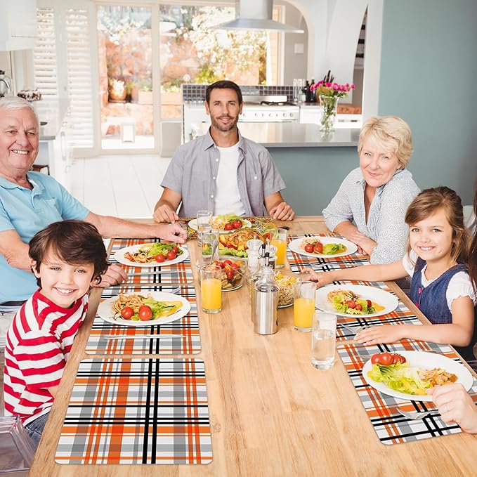 Fall Placemats Set of 6 Fall Orange Black Buffalo Plaid Plastic Table Mats Autumn Thanksgiving Place Mats Halloween Seasonal Table Decoration for Indoor Outdoor Party Kitchen Dining-Ruum Studio Home