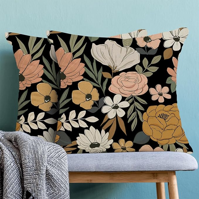 CXMEIFLY Spring Floral Pillow Covers 18 x 18 Inch Set of 2 for Vintage Pink Mustard Yellow Cream Flowers Decor Throw Pillows Plant Black Outdoor Decorative Cushion Cases for Couch Bed Decorations-Ruum Studio Home