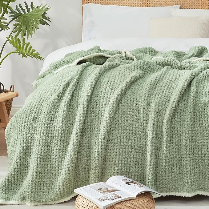 Snuggle Sac Ultra Soft Waffle Throw Blanket for Couch Bed Sofa 50x60 inches, Reversible Sage Green Blanket Microfiber Fluffy Fuzzy Cozy Knit Throws for Women Mothers Birthday Gifts-Ruum Studio Home
