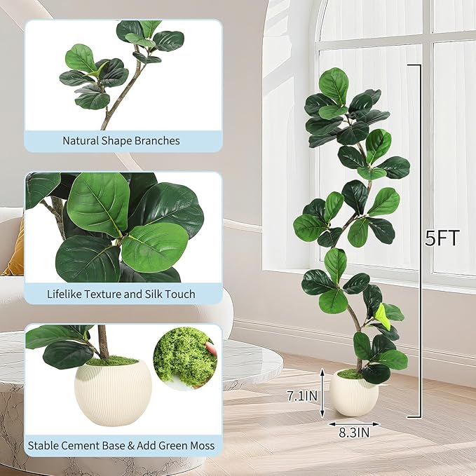 GarveeHome Fiddle Leaf Fig Artificial Tree with White Planter,5ft Faux Plants Indoor with Moss, Fake Rubber Tall Fake Floor Plant in Pot - Artificial Trees for Home Office Living Room Decor-Ruum Studio Home