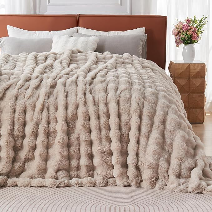 Lotus Karen Faux Fur Throw Blanket Linen - 800 GSM Bubble Rabbit Fluff Blanket for Couch Bed Sofa,Softest Fluffy Fuzzy Cozy Blanket,Thick Furry Plush Shaggy Warm Blankets for Women,90x90 Inches-Ruum Studio Home