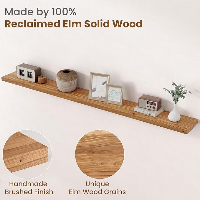 Floating Shelves for Wall Decor, 8" Deep Rustic Solid Elm Wood Floating Shelves Wall Mounted, Wall Shelves with Invisible Bracket for Living Room Bathroom Bedroom Kitchen, 72 Inch Set of 1, Natural-Ruum Studio Home