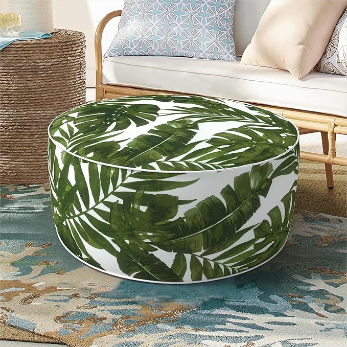 Inflatable Ottoman Stool D21 xH9 for Outdoor/Indoor Use, Water Repellent Patio Foot Rest Stool with Portable Handle,Round Pouf Ottoman Suitable for Garden,Deck and Camping - Palm Green-Ruum Studio Home