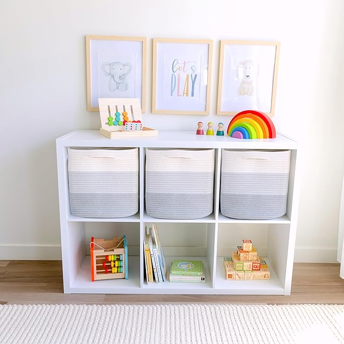 NaturalCozy 13 Inch Cube Storage Bins Cotton Rope Woven Baskets for Organizing 3-Pack | 13 x 13 Storage Cubes | Fabric Square Storage Baskets for Shelves Organizer, Kids Toy Bins, Closet Baby Nursery-Ruum Studio Home
