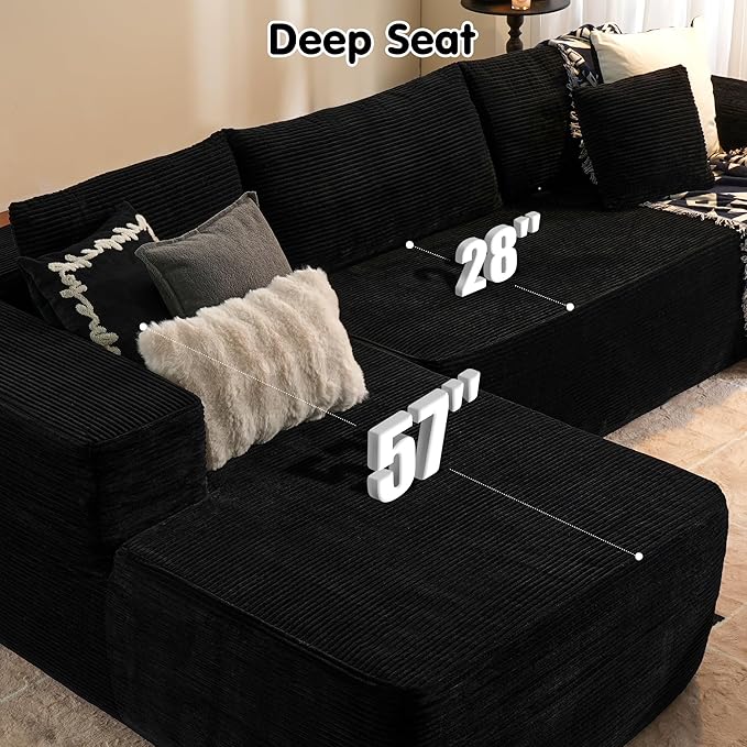 ovios 104" Cloud Sectional Couch with L-Shape Chaise,Modern Modular Sofa with Deep Seat, Upholstered Couches for Living Room Bedroom,No Assembly Required, Black (Corduroy Fabric)-Ruum Studio Home