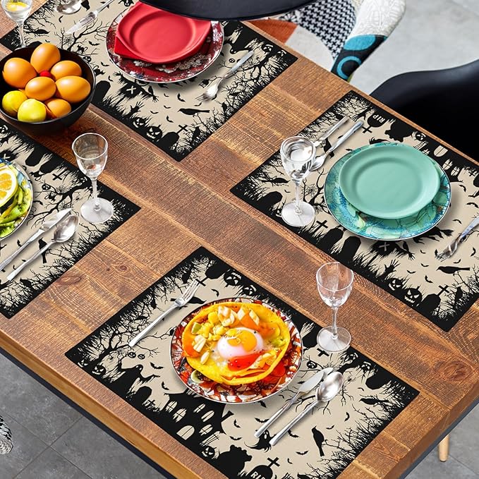Halloween Placemats 12x18 Inch Set of 4 Black White Witch Castle Ghost Place Mats Spooky Haunted House Bats Tree Crow Table Mat for Party Kitchen Dining Outdoor Indoor Decor-Ruum Studio Home