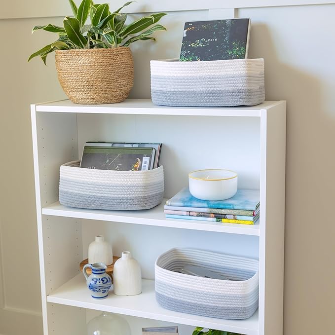 NaturalCozy 13.5”x8.5”x5.5” Rectangle Storage Baskets for Shelves 3 Pack | Cotton Rope Woven Small Baskets for Organizing | Small Storage Bins for Nursery, Bathroom, Closet, Shelf, Decorative-Ruum Studio Home