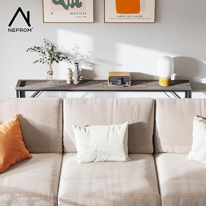 63'' Console Table, Skinny Entryway Table with Fast-Charging Station, Narrow Long Sofa Table, Behind Slim Couch Table for Entrance, Hallway, Living Room Decor ST-GY160-1-Ruum Studio Home