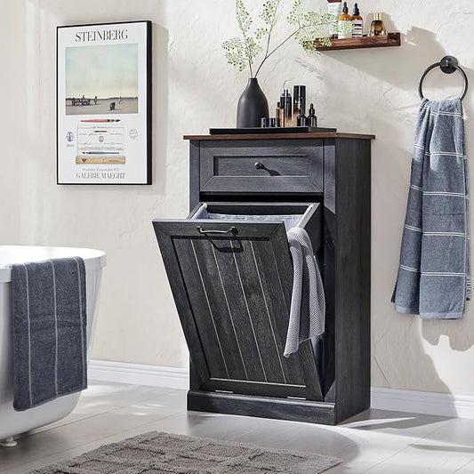 Tilt Out Laundry Hamper Cabinet, 10 Gallon Farmhouse Trash Can Cabinet with Drawer, Hidden Wood Garbage Can Bin Cabinet with Laundry Storage Basket for Bathroom, Kitchen, Dark Grey-Ruum Studio Home