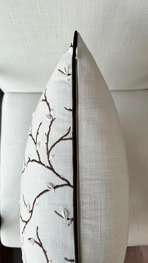 VAGMINE Embroidered Pussy Willow Throw Pillow Cover - 18x18 Inches Square - 100% Cotton Ivory Decorative Cushion Cover - Floral Embroidery - Soft Neutral Accent for Sofa, Bed, Couch, Farmhouse Décor-Ruum Studio Home