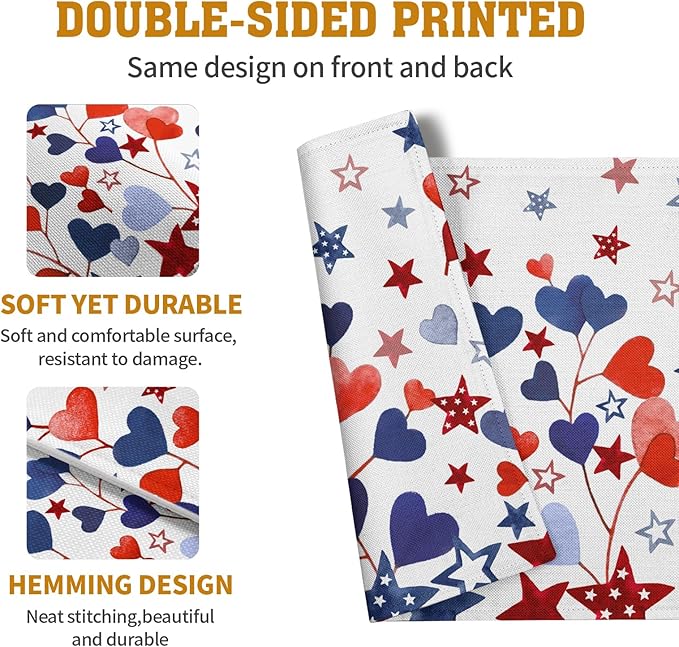 Red Blue Heart Stars 4th of July Placemats Set of 4 Patriotic America Independence Memorial Day Linen Table Mats 12x18 Inch Washable Place Mats for Party Kitchen Dining Outdoor Indoor Decor-Ruum Studio Home
