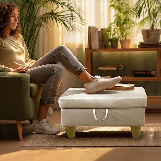 Ottoman Rectangular Storage Ottoman Bench, Faux Leather Footrest, Coffee Table, Stool Footstool with Hinged Lid for Living Room, Bedroom, Entryway, Pearl White, 28.5"x19"x17.5"-Ruum Studio Home