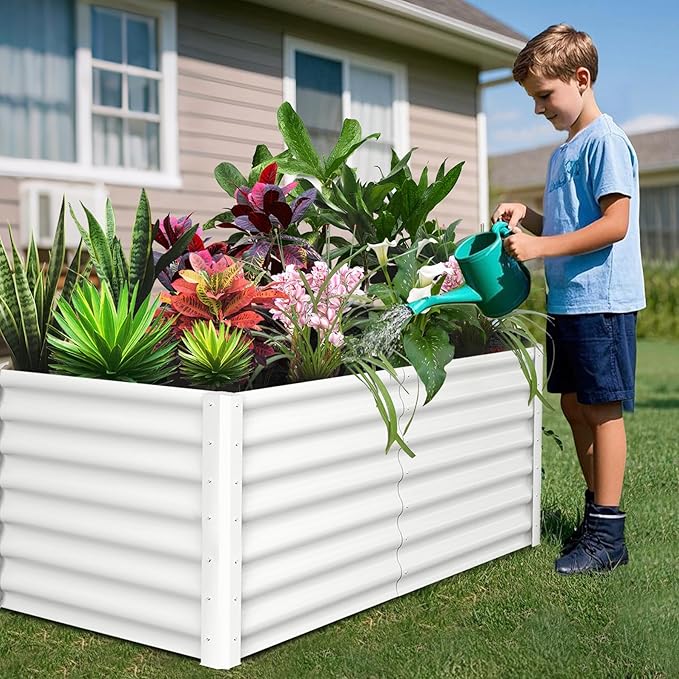 Galvanized Raised Garden Bed Outdoor, 2 Pcs 6x3x2FT Outdoor Large Planter Raised Beds Open Base with Safety Edge and Glove for Vegetables Flowers Ground Planter, White-Ruum Studio Home