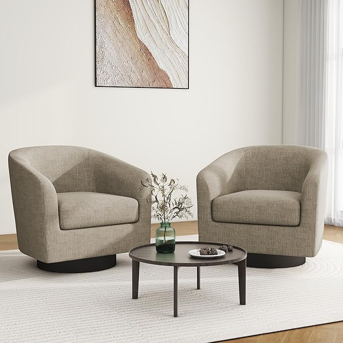 Swivel Barrel Accent Chair, Modern Round Linen Arm Chair for Living Room, Bedroom, Comfy Club Reading Chairs for Adults, Linen Fabric, Light Brown, Set of 2-Ruum Studio Home