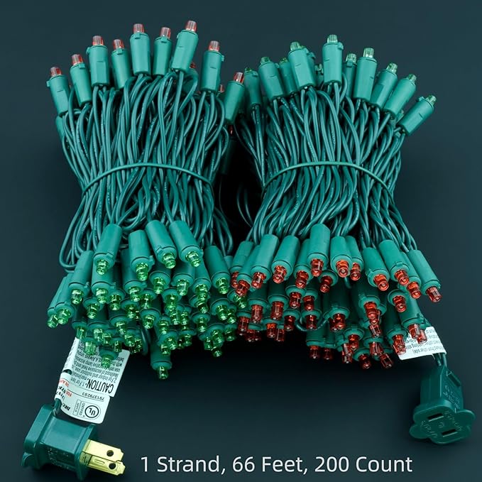 200 Count Red Green Wide Angle LED Christmas Lights, 66 ft Green Wire UL Certified Commercial Grade 5mm Holiday String Light Set (Red & Green)-Ruum Studio Home