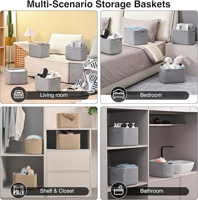 Small Storage Baskets for Shelves Organizing, Woven Cotton Rope Baskets for Storage, Book Basket, Decorative Shelf Basket, 12.5"Lx9.1''Wx7.9''H (4 Packs) Grey-Ruum Studio Home