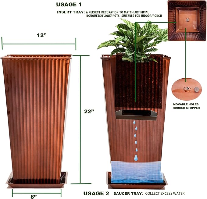 22in Vintage Handmade Metal Vertical Lines Copper Tapered Planters,Planter Box with Drainage Holes and Saucer -Set of 2, Galvanized Steel Planter for Indoor/Outdoor/Porch/Garden-Ruum Studio Home
