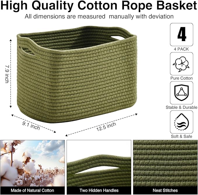 Storage Basket for Shelves, Small Baskets for Organizing, Woven Cotton Rope Baskets for Storage, Book Basket, Decorative Shelf Basket, 12.5"Lx9.1''Wx7.9''H (4 Packs) Green-Ruum Studio Home