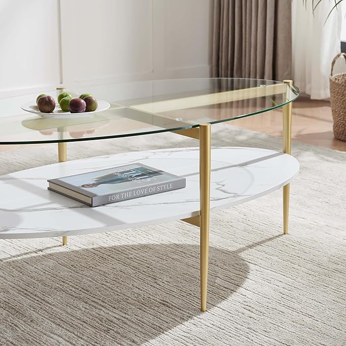 Oval Glass Coffee Table, Mid-Century Modern Design, L43 x W22 x H17 inch, Surfboard Shaped Clear Glass Top and White Marble Finish Wood Shelf, Tapered Legs with Gold Finish Frame-Ruum Studio Home