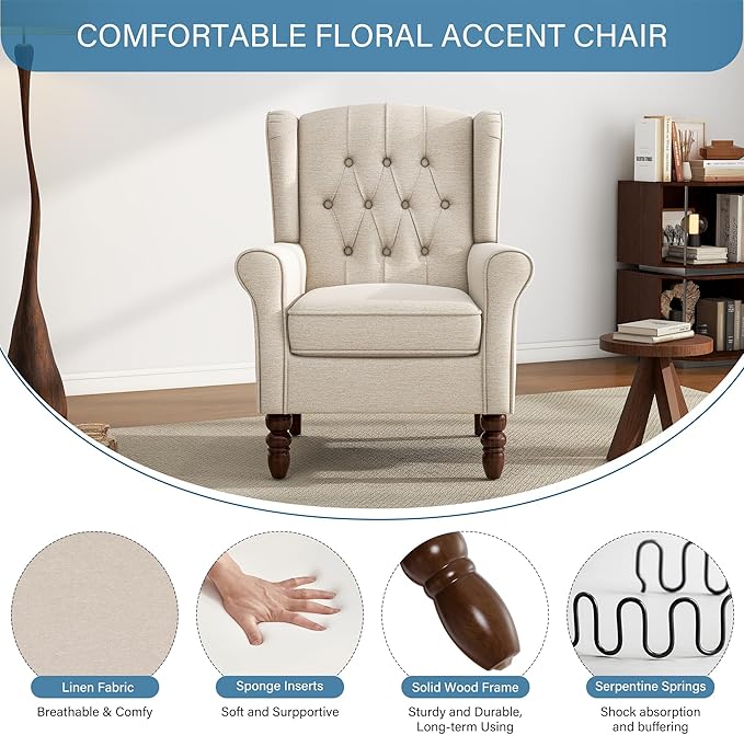 UIXE High Back Accent Chair, Upholstered Armchair in Fabric for Living Room, Retro Wingback Arm Chair Comfy Single Sofa Bedroom Reading Seat with Solid Wood Legs - Beige-Ruum Studio Home