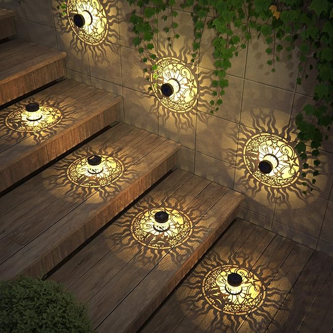 2 Pack Solar Fence Lights Metal Solar Powered Outdoor Wall Deck Lights Sun Moon Theme Waterproof Fence Light for Garden Post Patio Backyard Yard Decor (Face, 2 Pack)-Ruum Studio Home