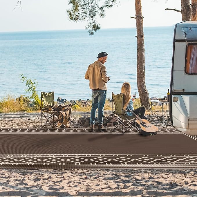 GENIMO Outdoor Rug Waterproof for Patio, 10'x14' Foldable Reversible Plastic Straw Carpet for Travel Trailers, Outside Area Mat for Rv, Deck, Picnic, Porch, Camper, Balcony, Beach, Coffee & Beige-Ruum Studio Home