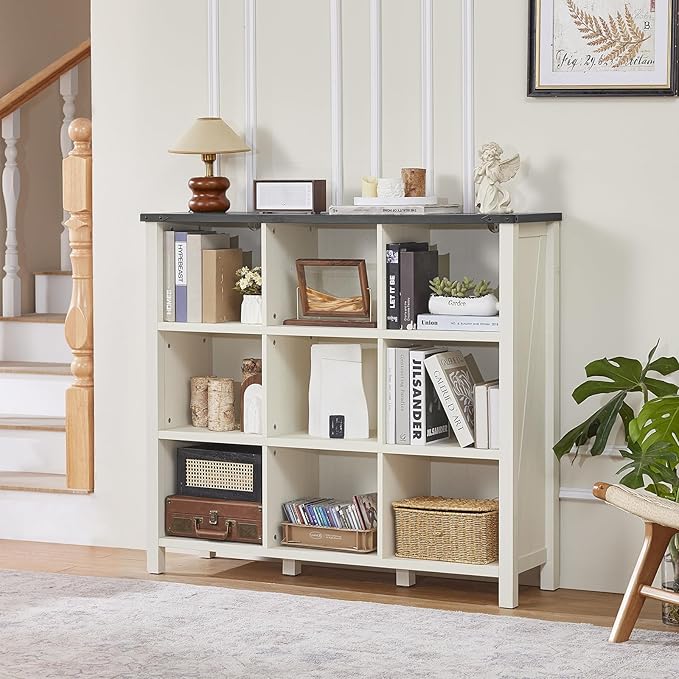 9 Cube Bookcase, Farmhouse 47 Inch Wide White Bookshelf, Wooden 3 Tier Display Large Open Book Shelf, Vintage Horizontal Book Case for Home Office, Cubby Storage Cabinet for Living Room-Ruum Studio Home