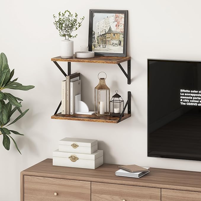 10 Inch Deep Floating Shelves, Floating Shelf 16 Inch Long, 16"W x 10"D Wall Shelves Set of 2, Deep Shelf for Books, Wide Floating Shelves for Bahtoom, Living Room, Kitchen, Rustic Brown-Ruum Studio Home